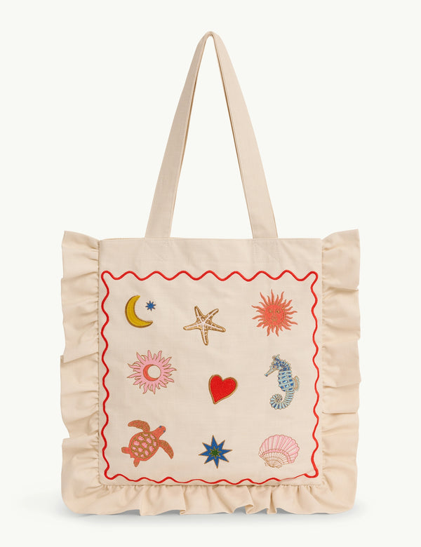 White Embroidered Frill Tote Bag