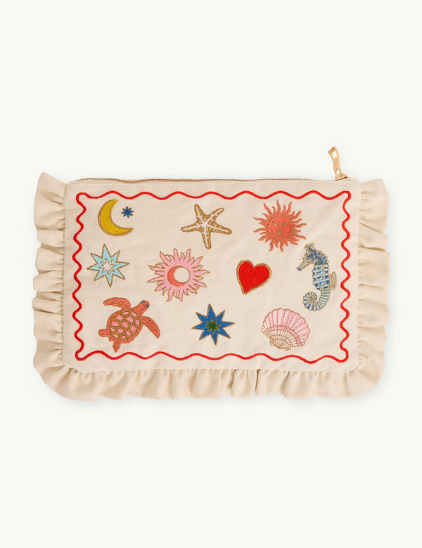White Embroidered Frill Pouch