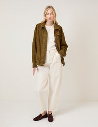 Khaki Funnel Neck Suede Bomber Jacket