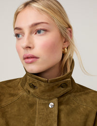Khaki Funnel Neck Suede Bomber Jacket