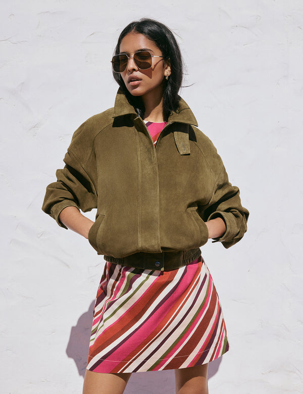 Khaki Funnel Neck Suede Bomber Jacket