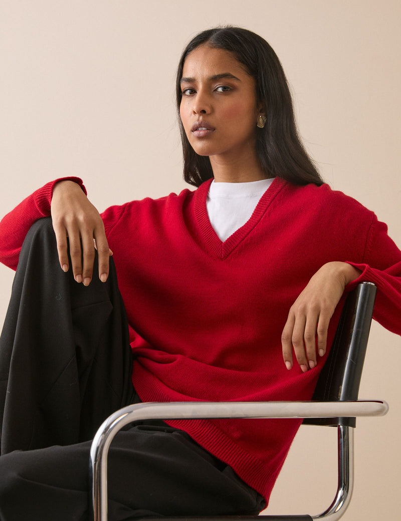 Red V-Neck Wool Jumper