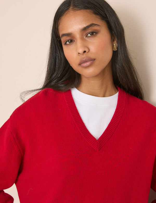 Red V-Neck Wool Jumper