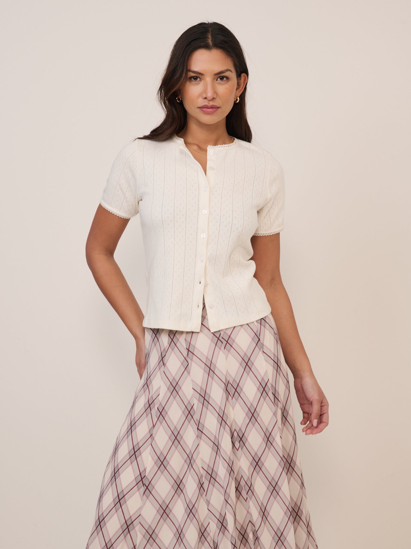 White Pointelle Short Sleeve Top