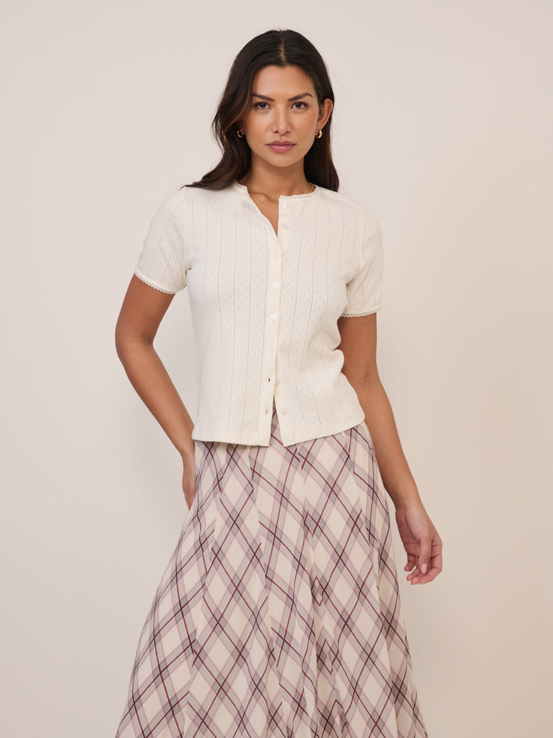 White Pointelle Short Sleeve Top