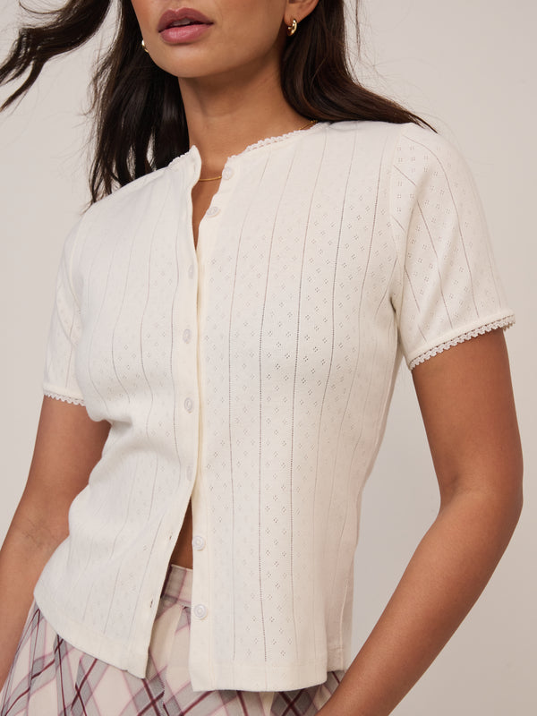White Pointelle Short Sleeve Top