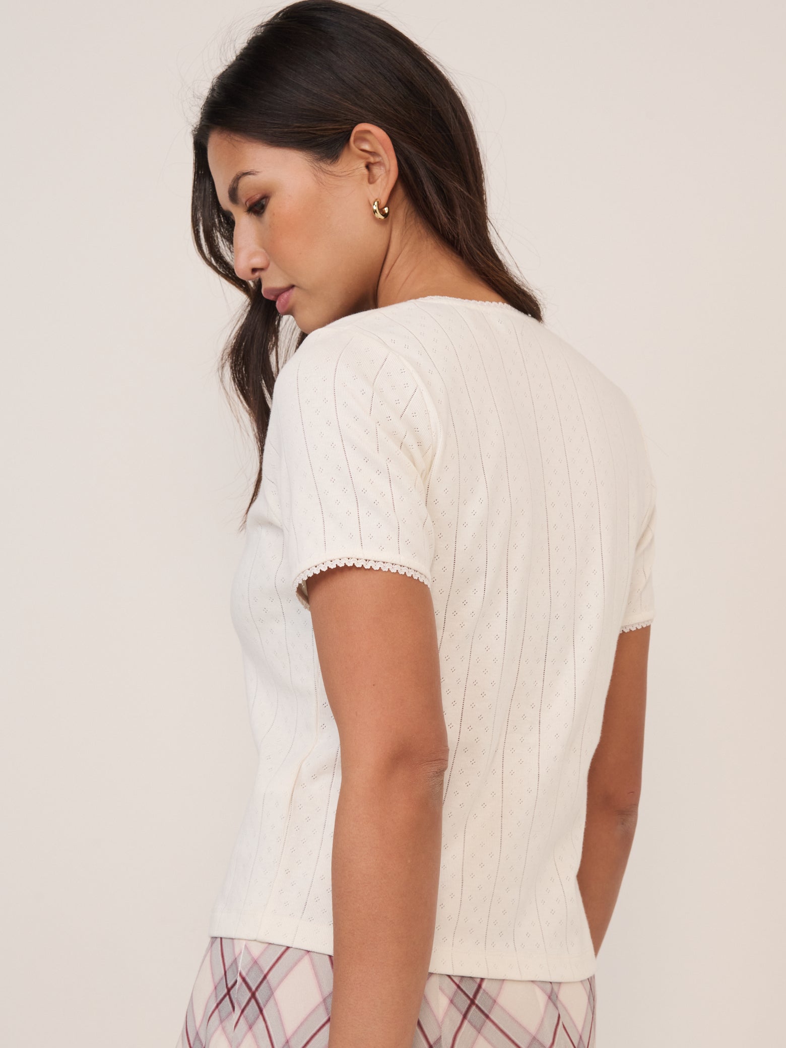 White Pointelle Short Sleeve Top