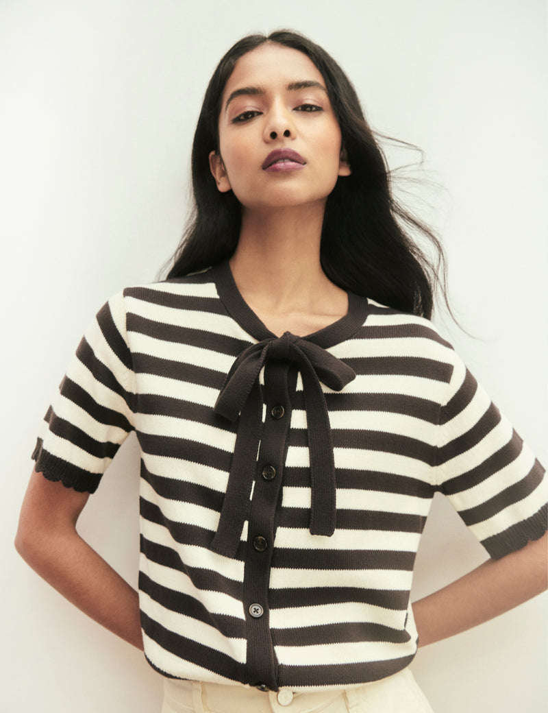 Brown and White Stripe Short Sleeve Tie Neck Cardigan