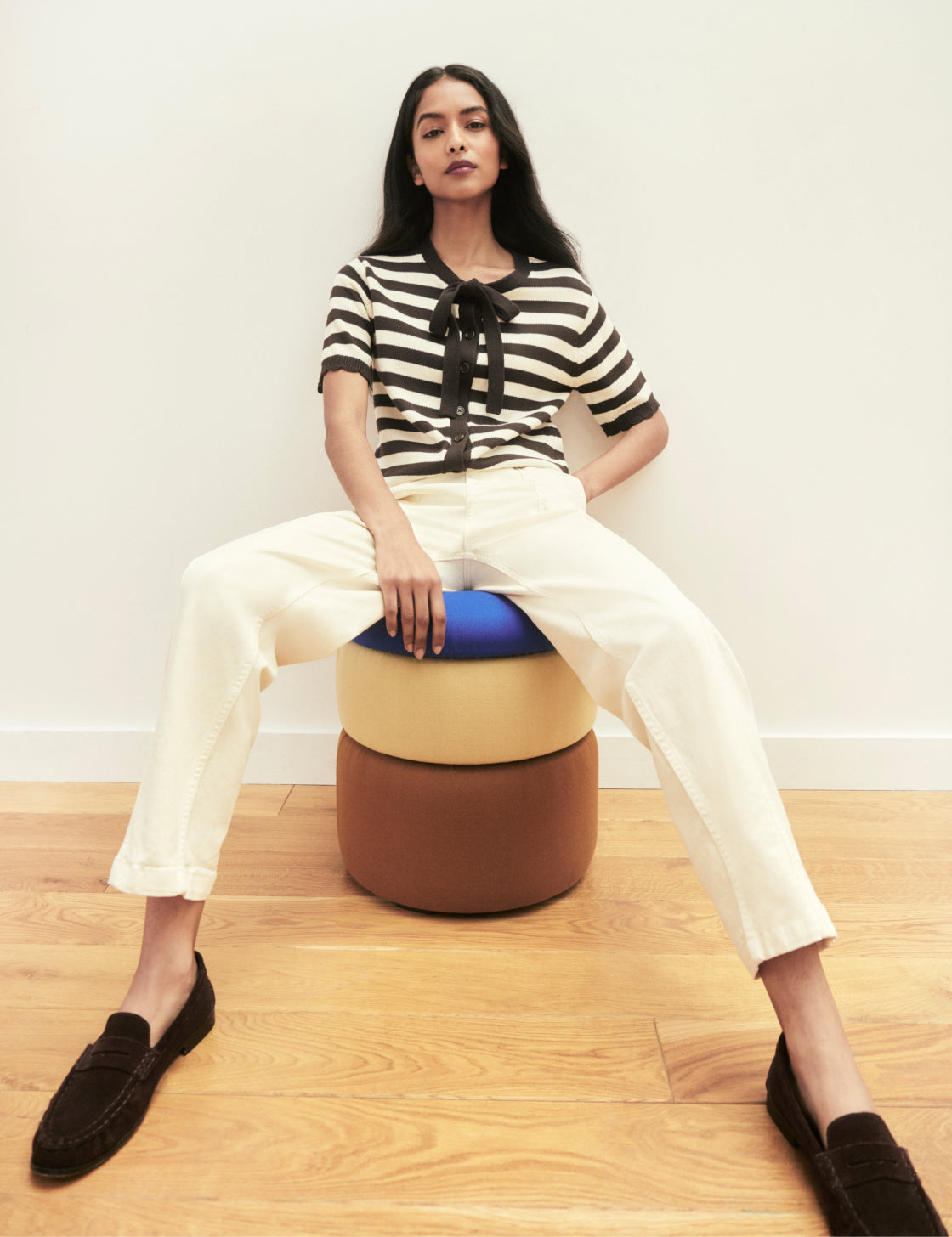 Brown and White Stripe Short Sleeve Tie Neck Cardigan