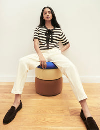 Brown and White Stripe Short Sleeve Tie Neck Cardigan