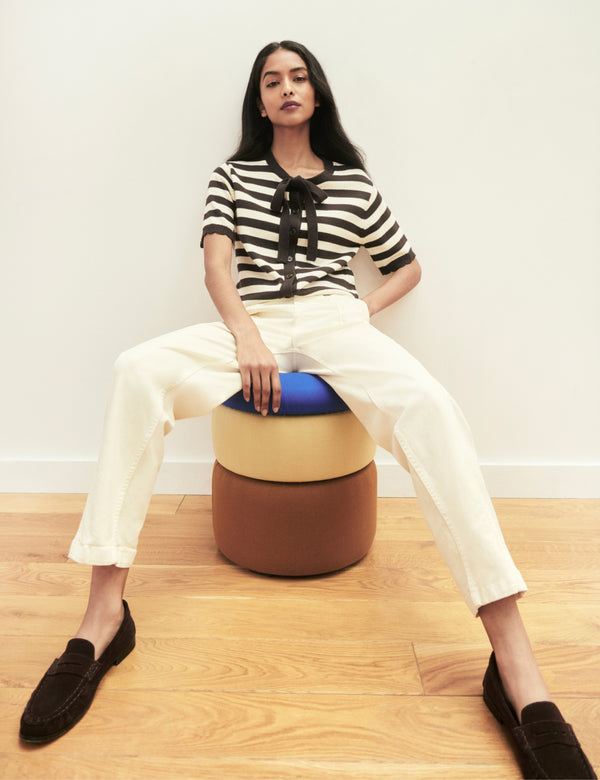 Brown and White Stripe Short Sleeve Tie Neck Cardigan