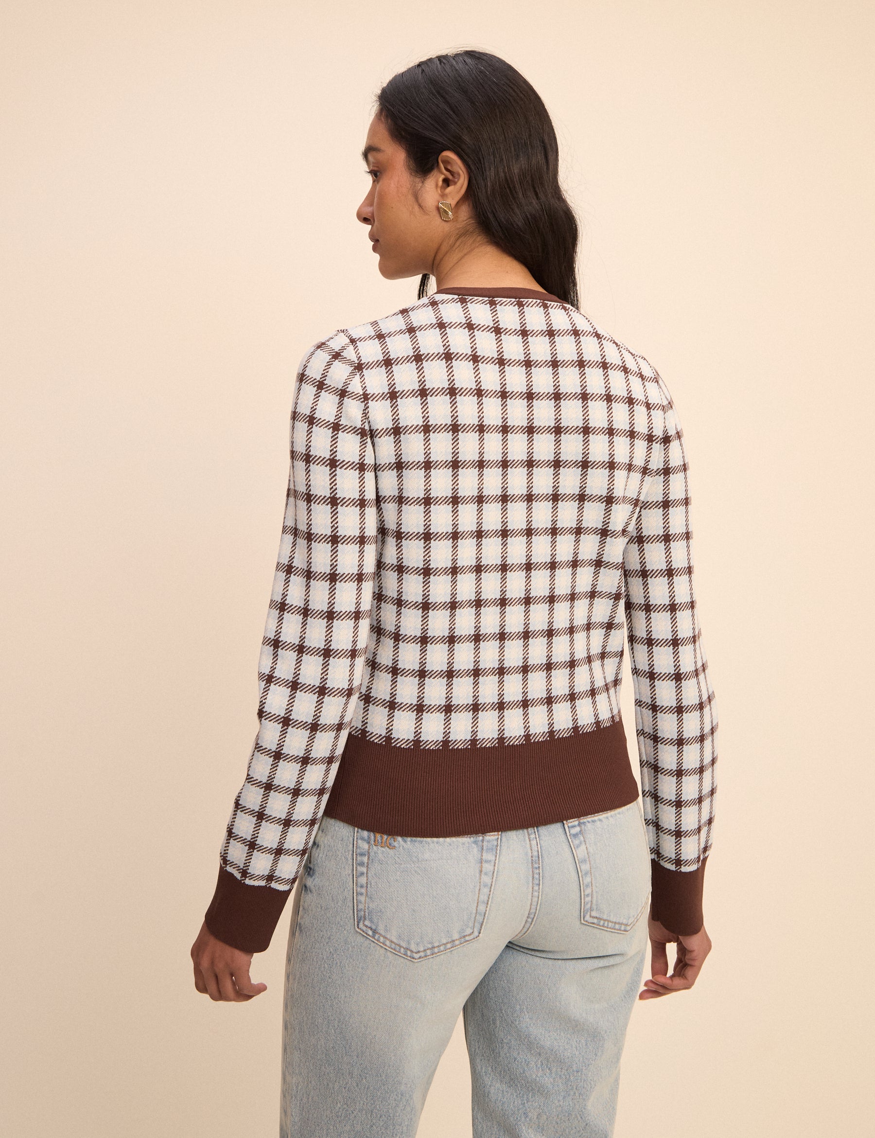 Brown and Blue V-Neck Jacquard Check Cardigan