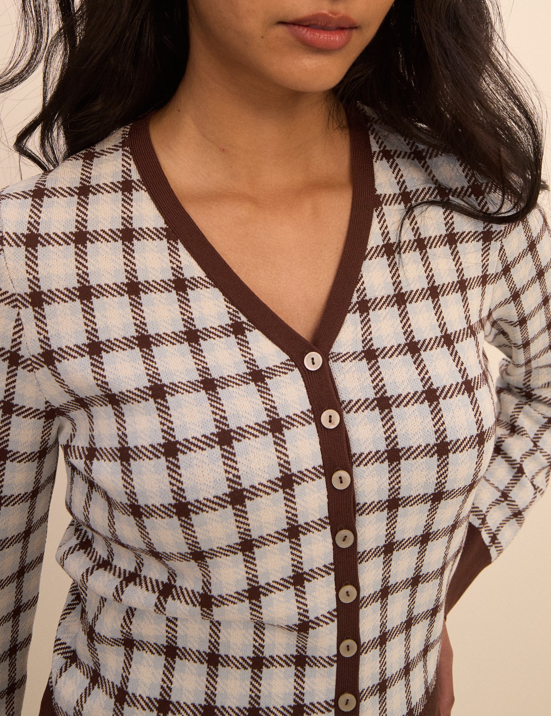 Brown and Blue V-Neck Jacquard Check Cardigan