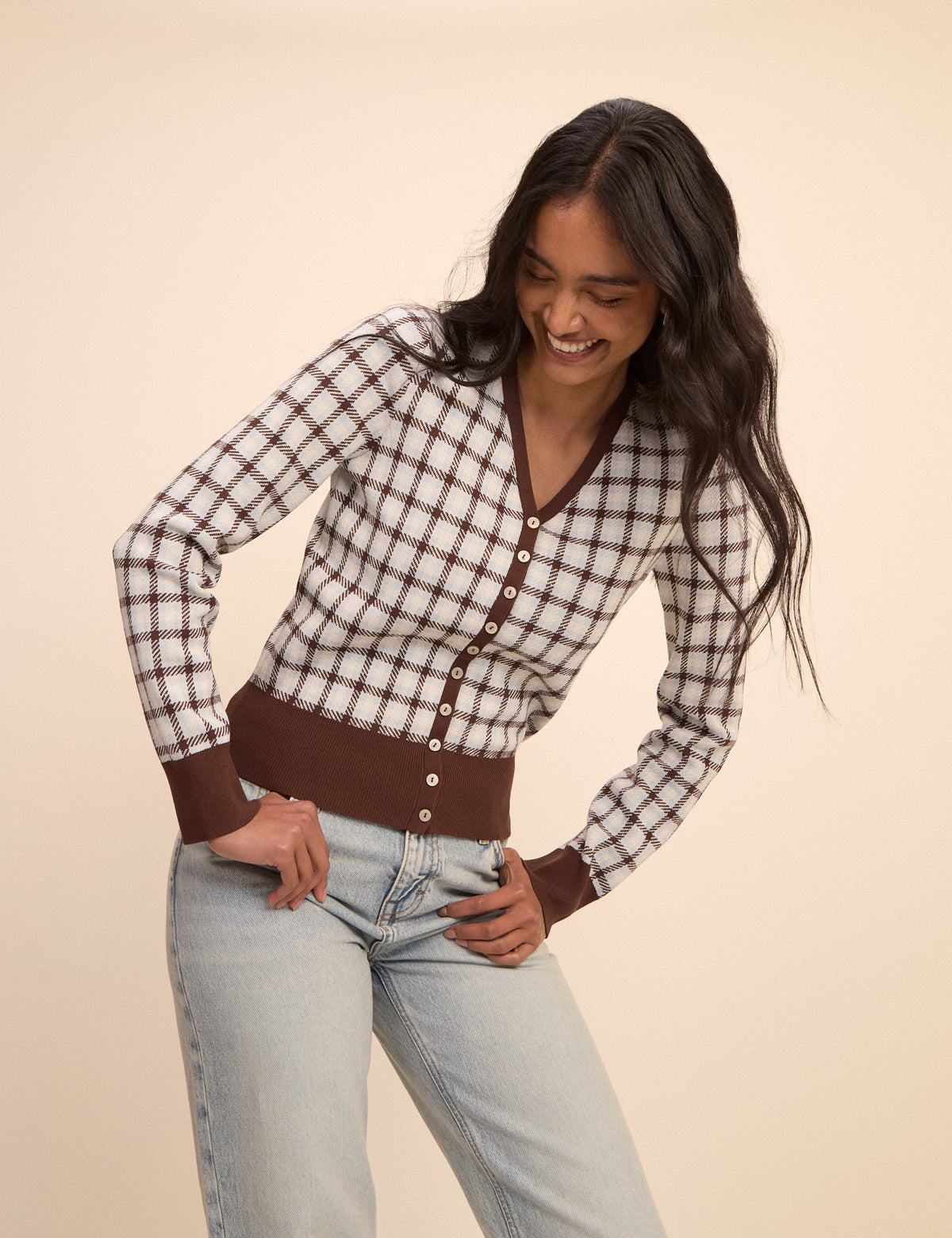 Brown and Blue V-Neck Jacquard Check Cardigan