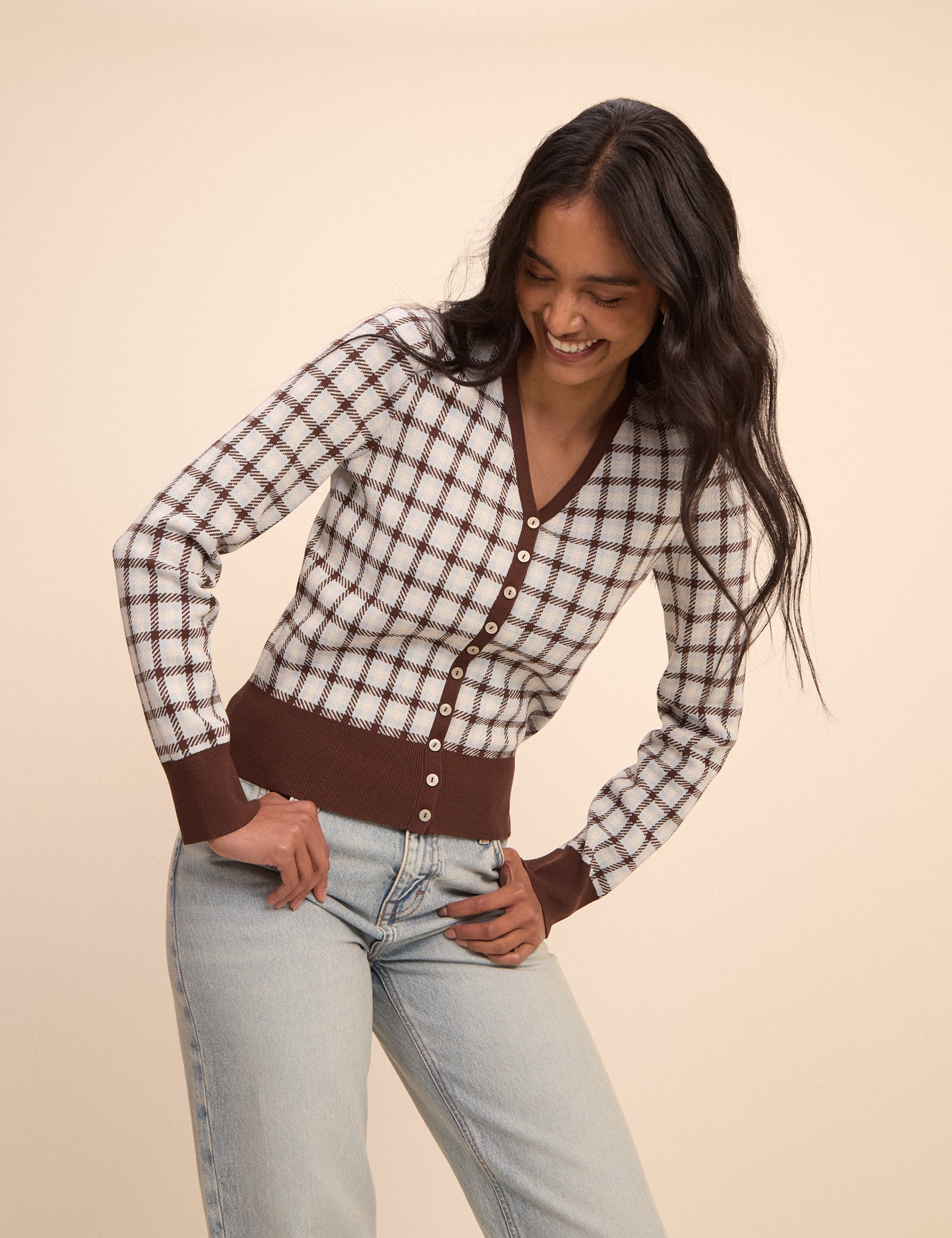 Brown and Blue V-Neck Jacquard Check Cardigan