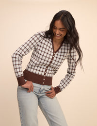 Brown and Blue V-Neck Jacquard Check Cardigan