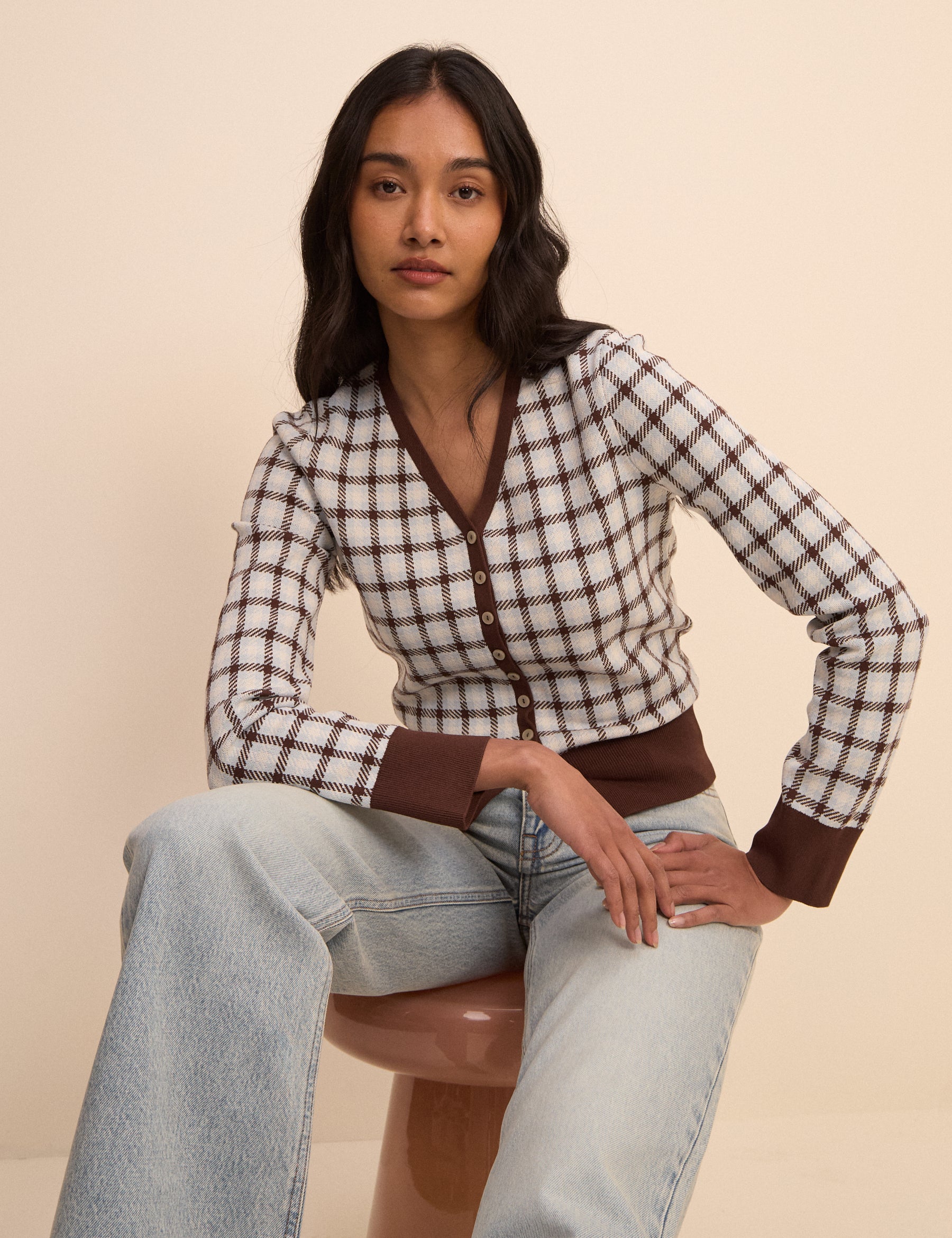 Brown and Blue V-Neck Jacquard Check Cardigan