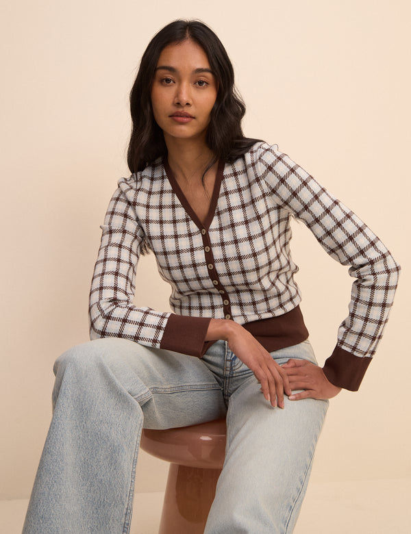 Brown and Blue V-Neck Jacquard Check Cardigan