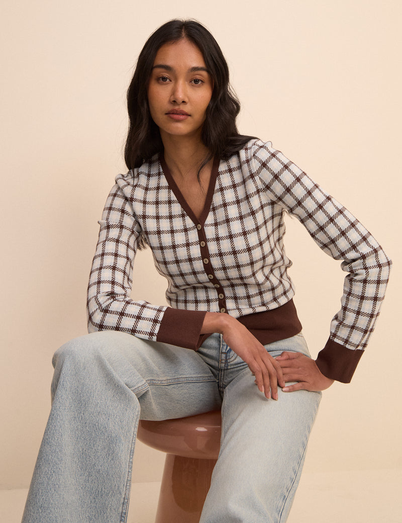 Brown and Blue V-Neck Jacquard Check Cardigan