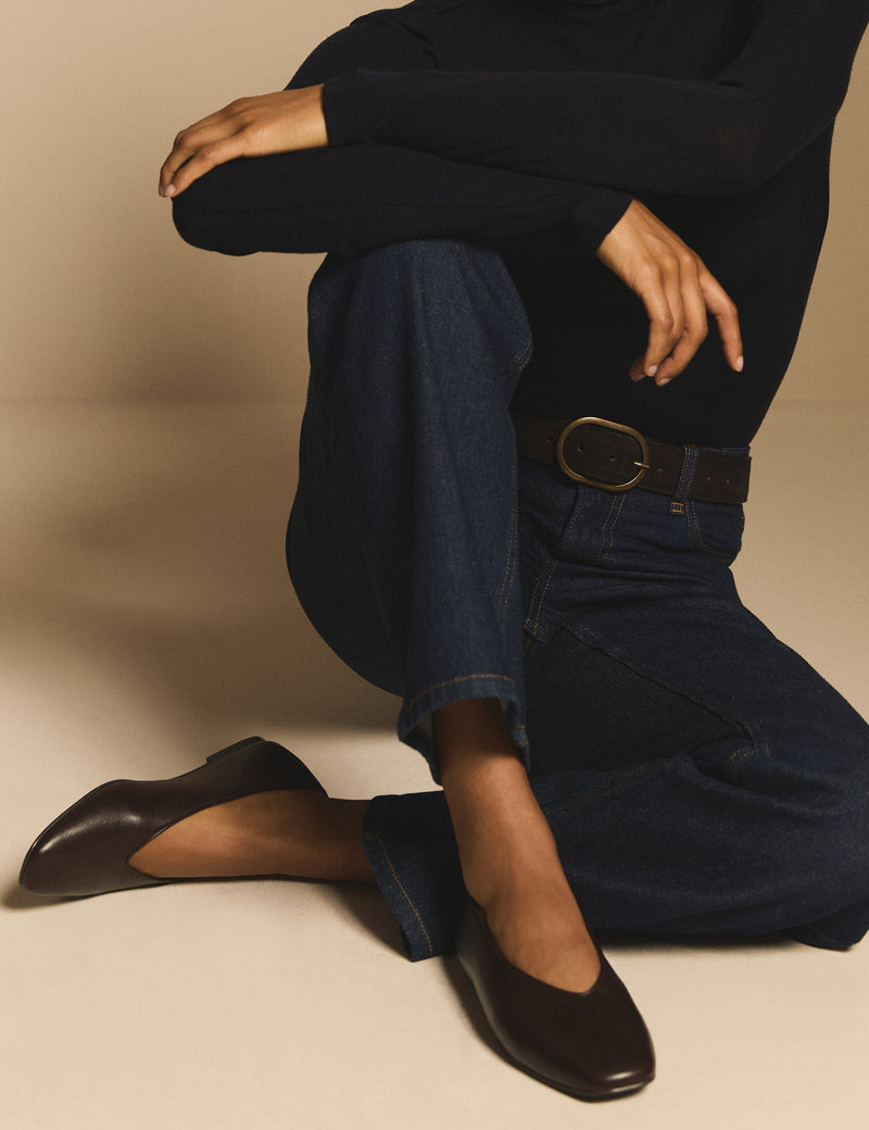 Brown Leather High Vamp Ballet Flats