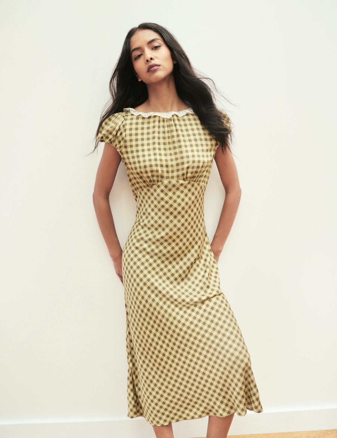 Green Gingham Puff Sleeve Marianna Midi Dress