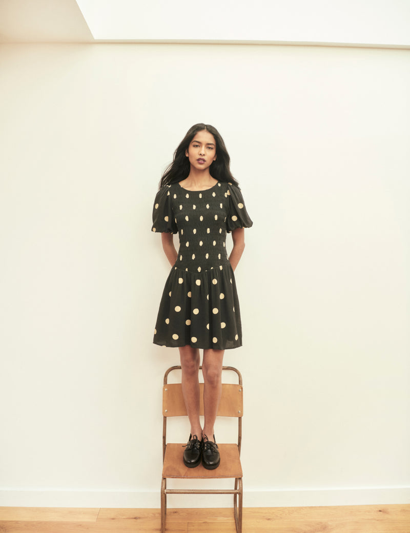 Black Polka Dot Shirred Landy Mini Dress