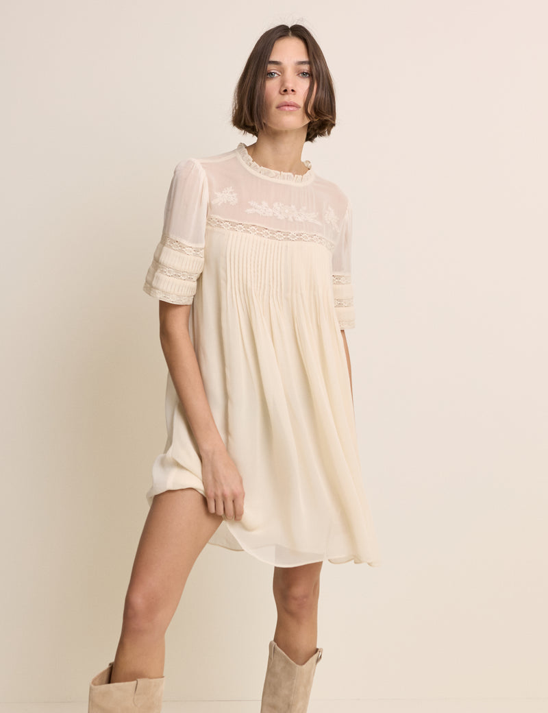 White Pintuck Lace Trim Tally Mini Dress