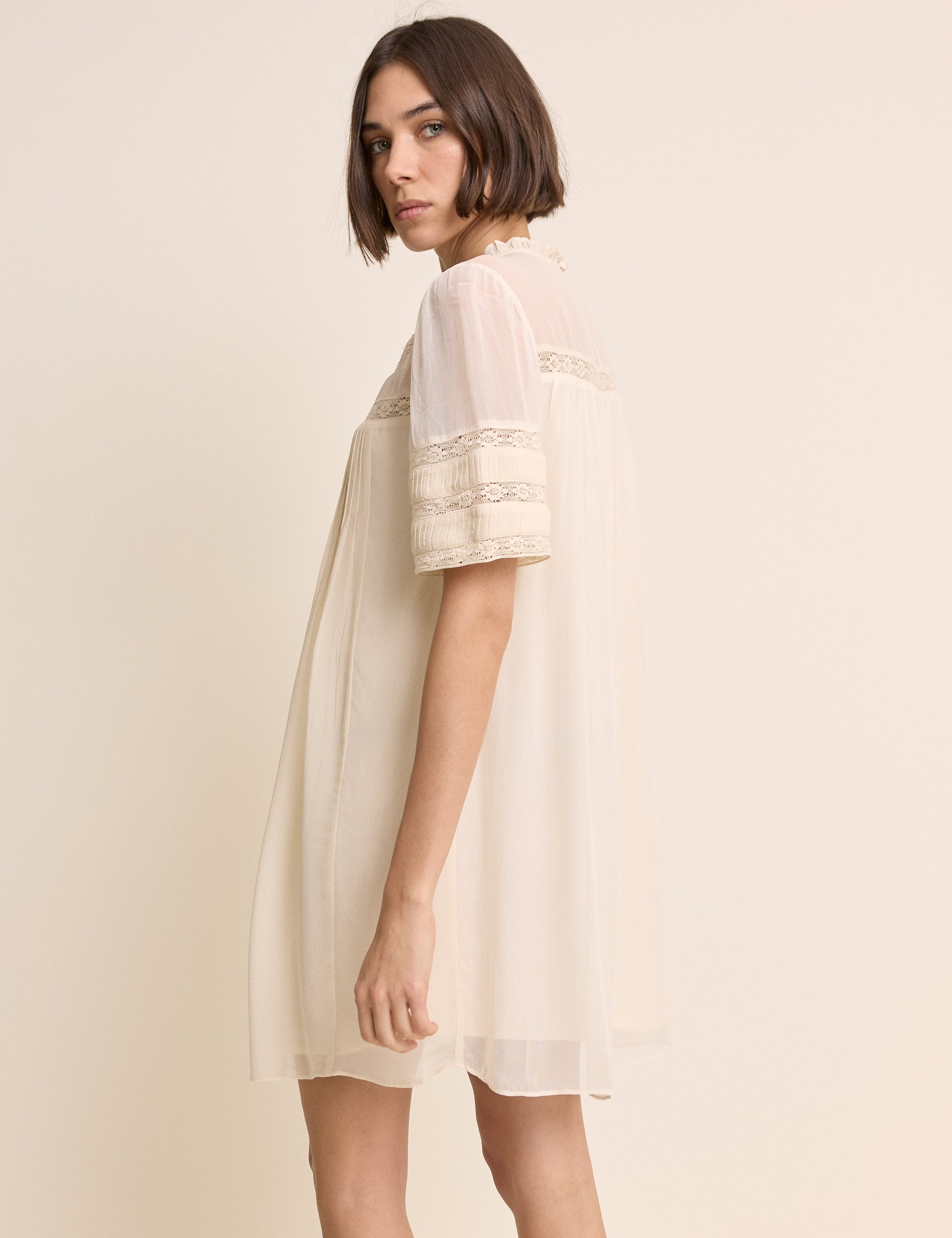 White Pintuck Lace Trim Tally Mini Dress