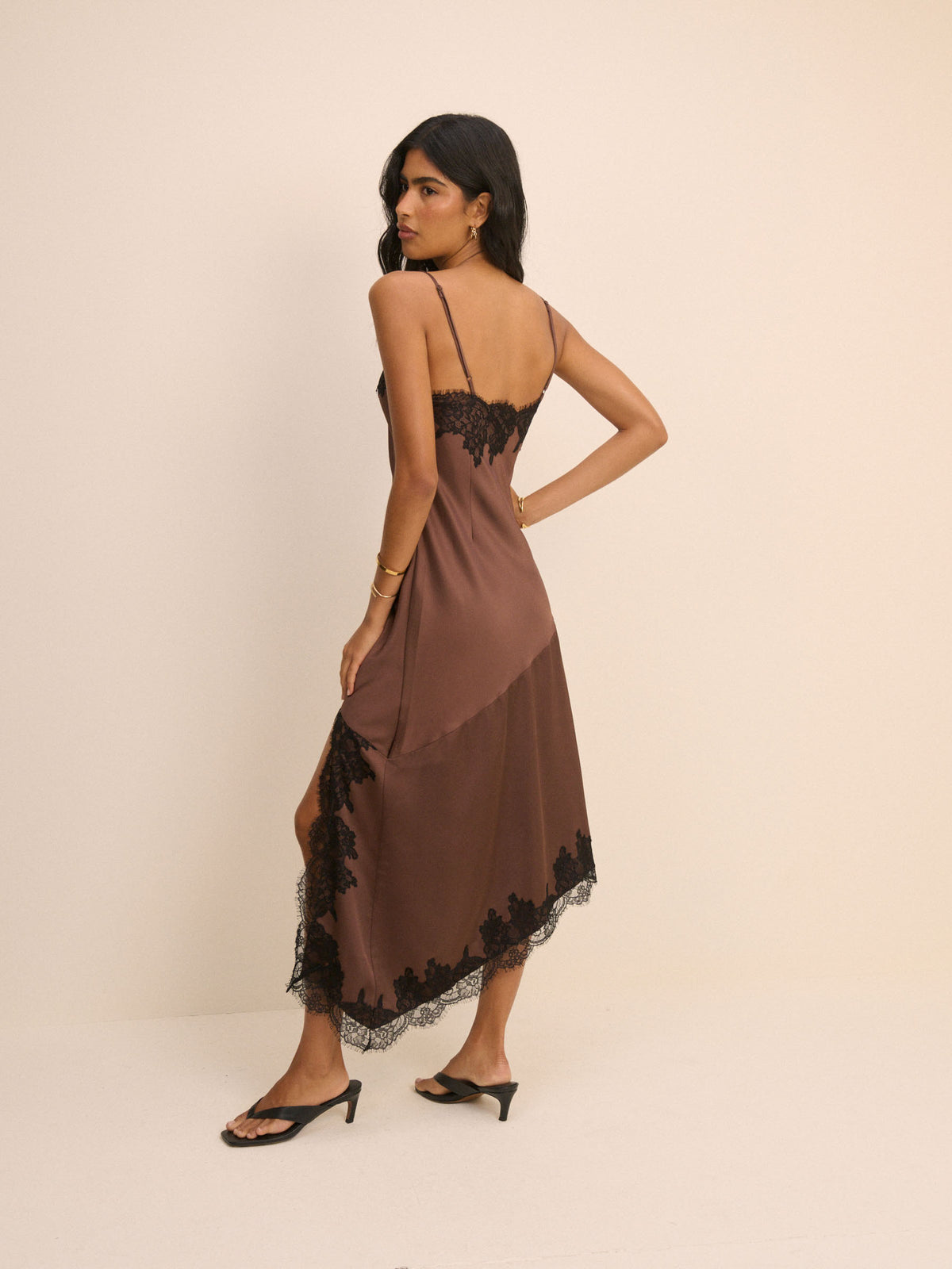 Brown Lace Trim Satin Slip Dress