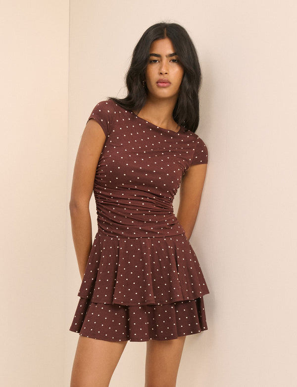 Brown Polka Dot Drop Waist Jersey Yuki Mini Dress