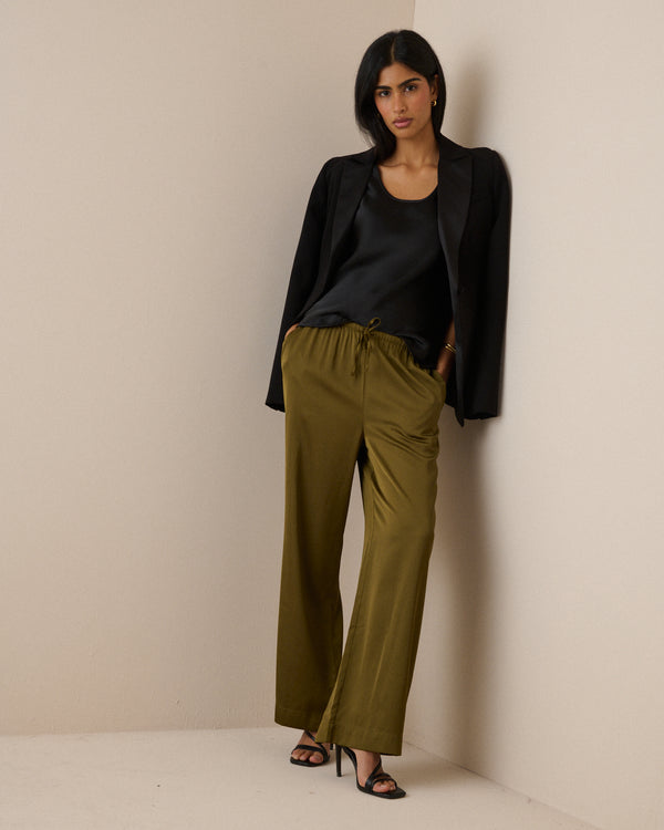 Khaki Satin Wide Leg Lyra Trousers