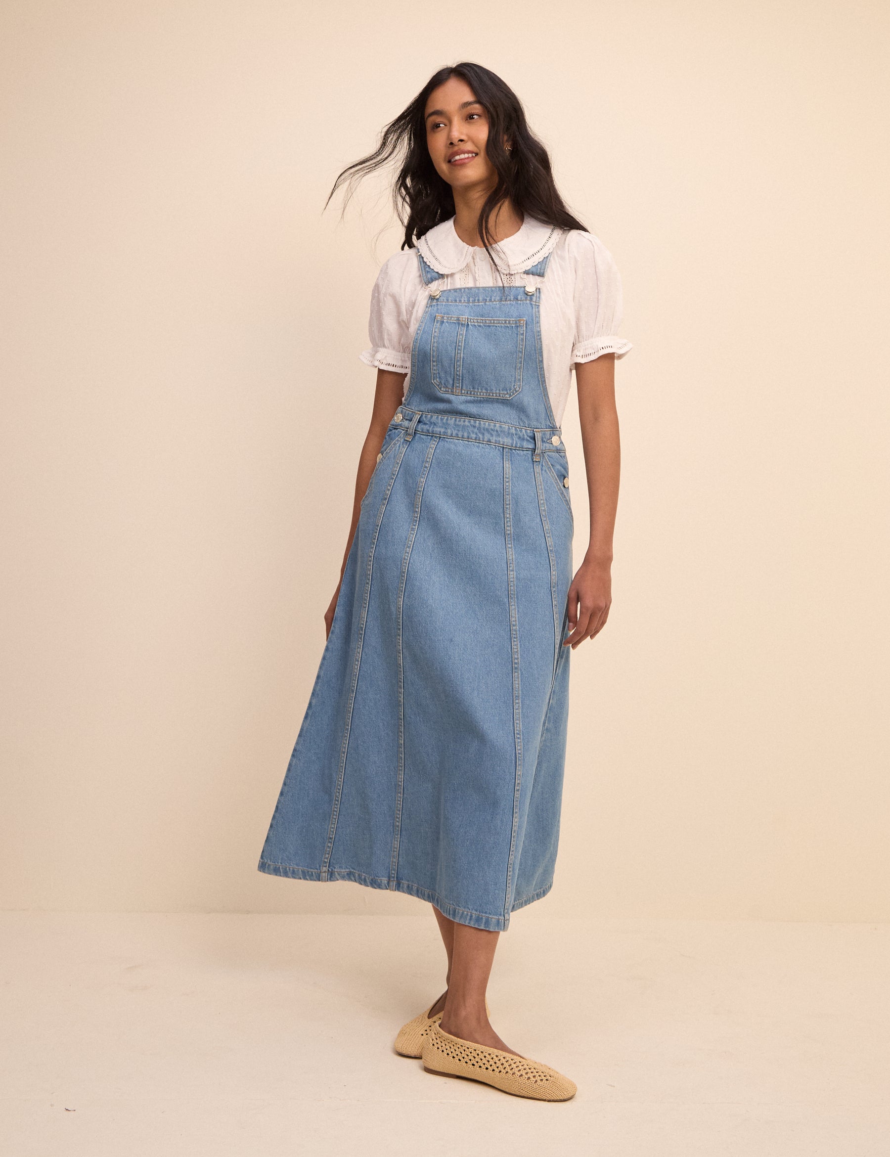 Mid Wash Denim Dungaree Midi Dress