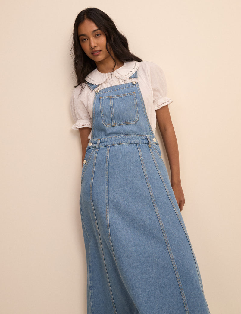 Mid Wash Denim Dungaree Midi Dress