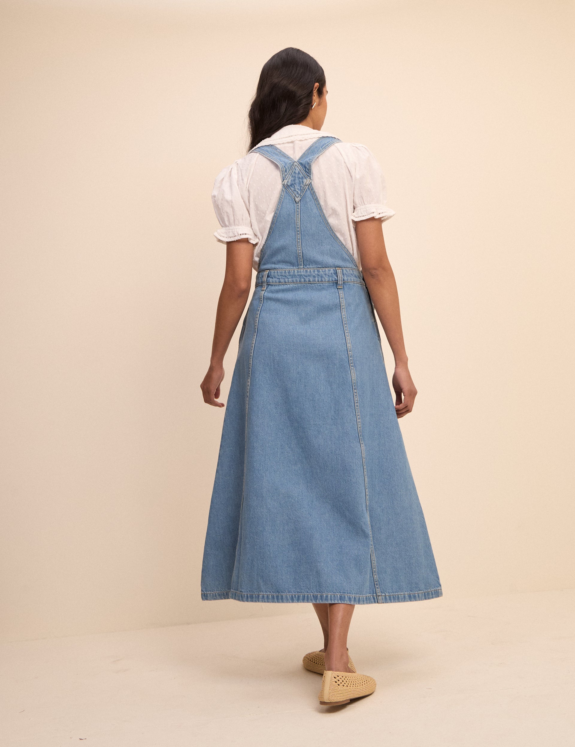 Mid Wash Denim Dungaree Midi Dress