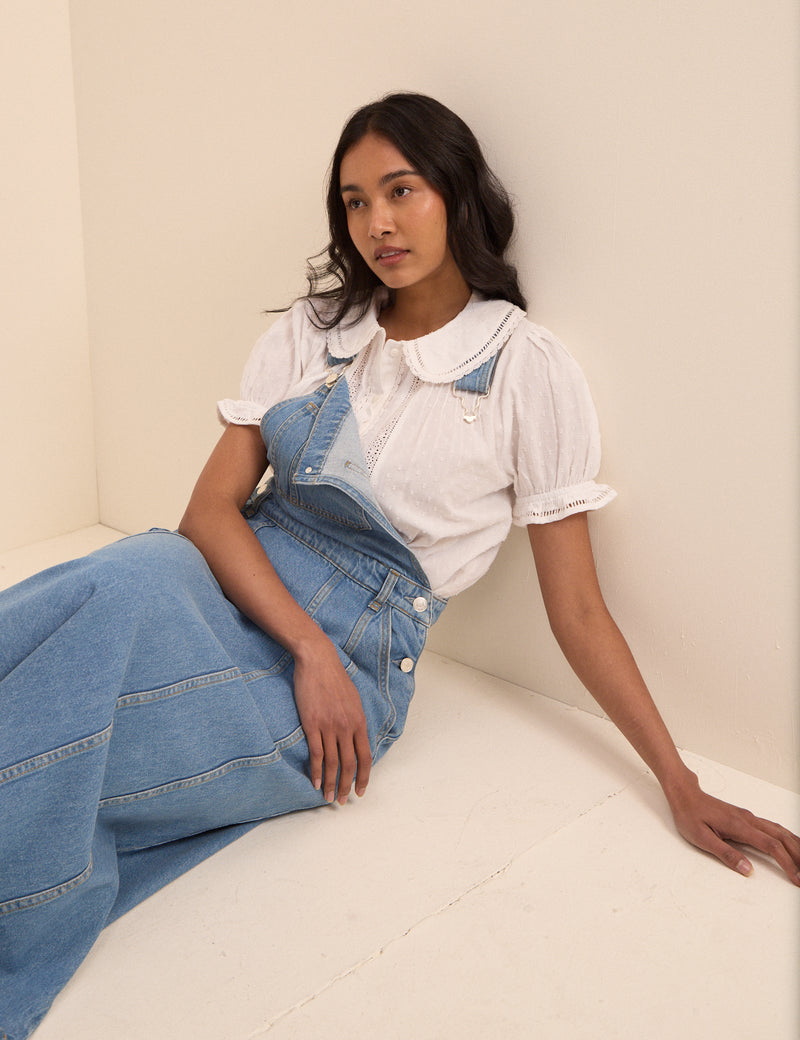 Mid Wash Denim Dungaree Midi Dress