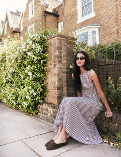 Black and blue check shirred midi skirt