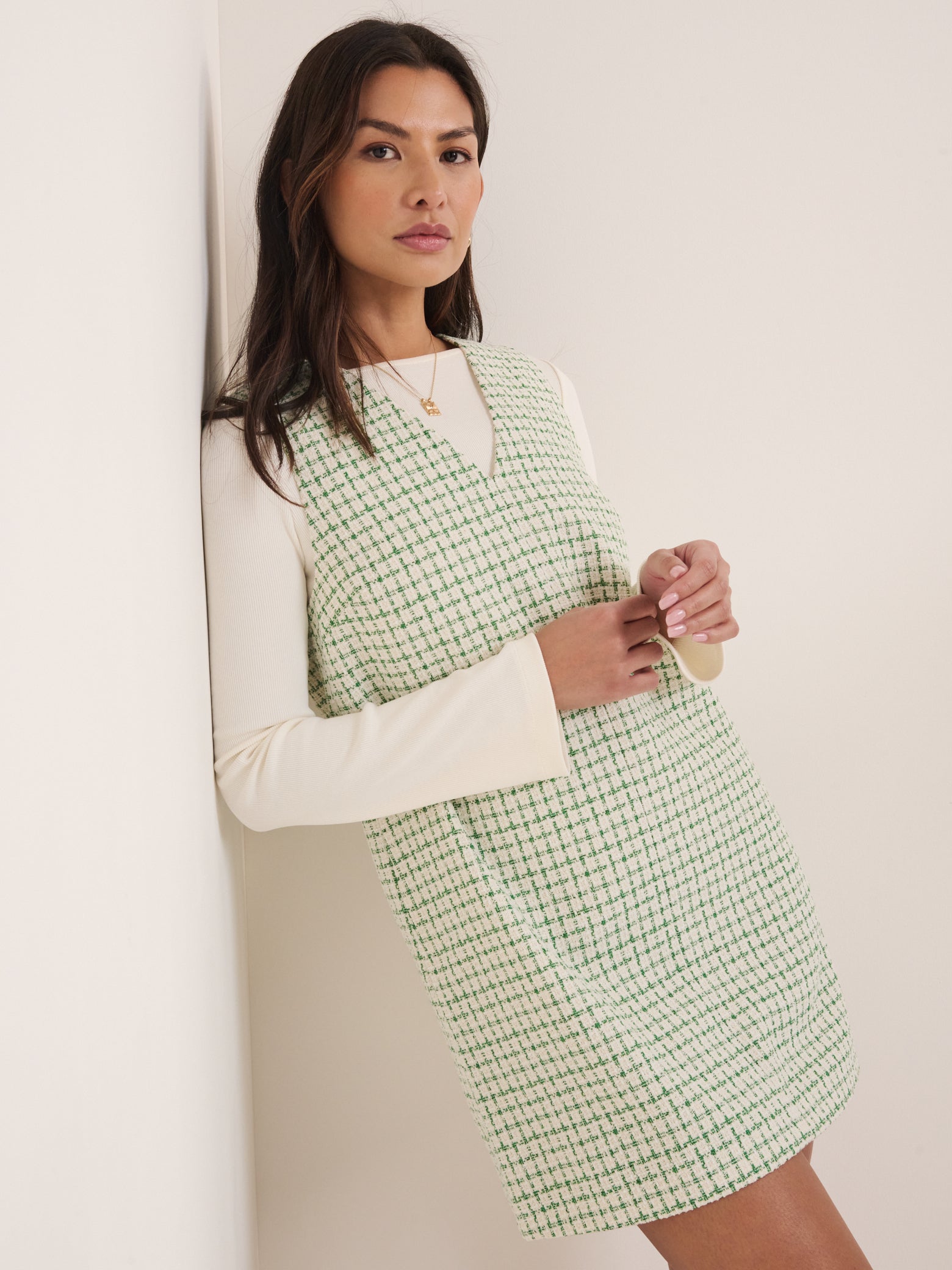 green boucle dress Green Boucle Shift Mini Dress