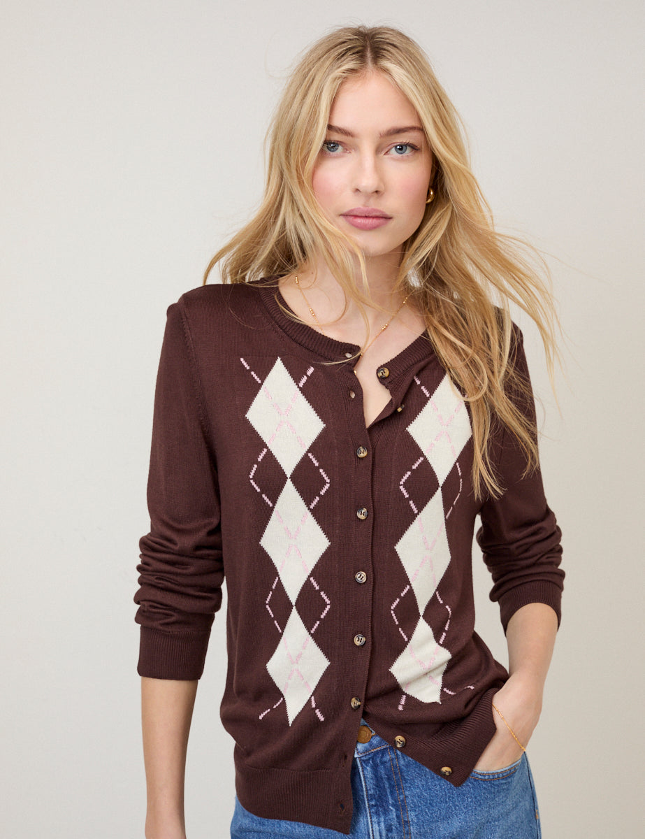 Brown Argyle Print Cardigan