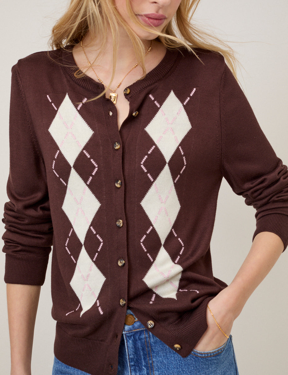 Brown Argyle Print Cardigan