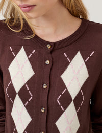 Brown Argyle Print Cardigan