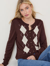 Brown Argyle Print Cardigan