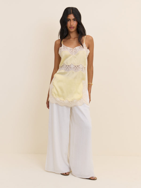 Butter Yellow Lace Trim Bellah Satin Cami Top