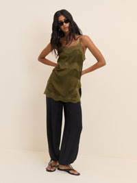 Green Lace Trim Satin Cami Top