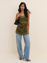 Green Lace Trim Satin Cami Top