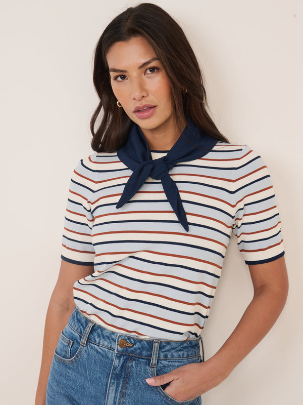 Blue Striped Tie Neck T-Shirt