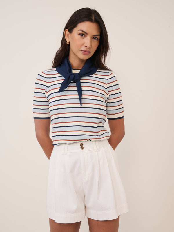 Blue Striped Tie Neck T-Shirt