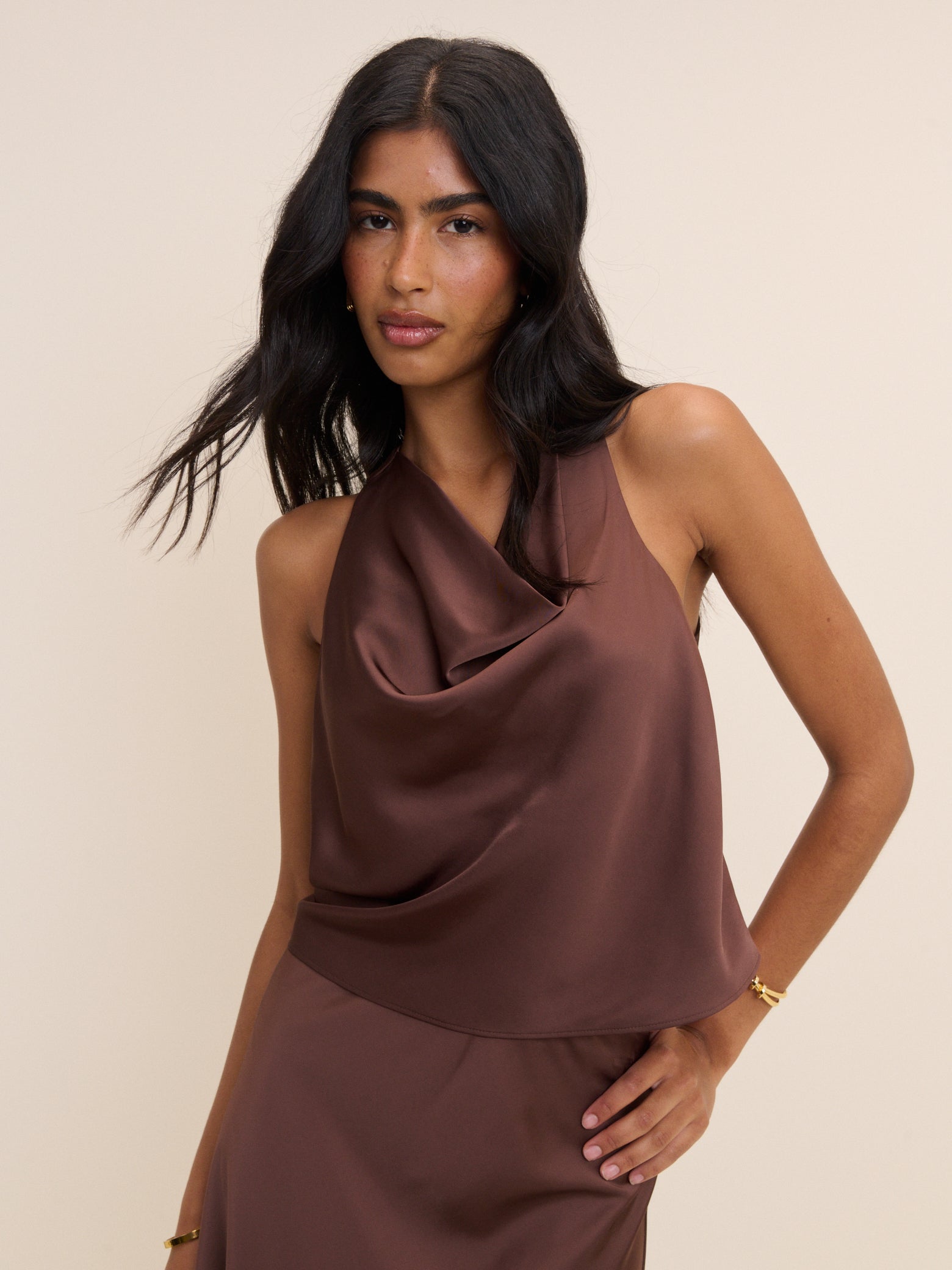 Brown Cowl Neck Satin Top