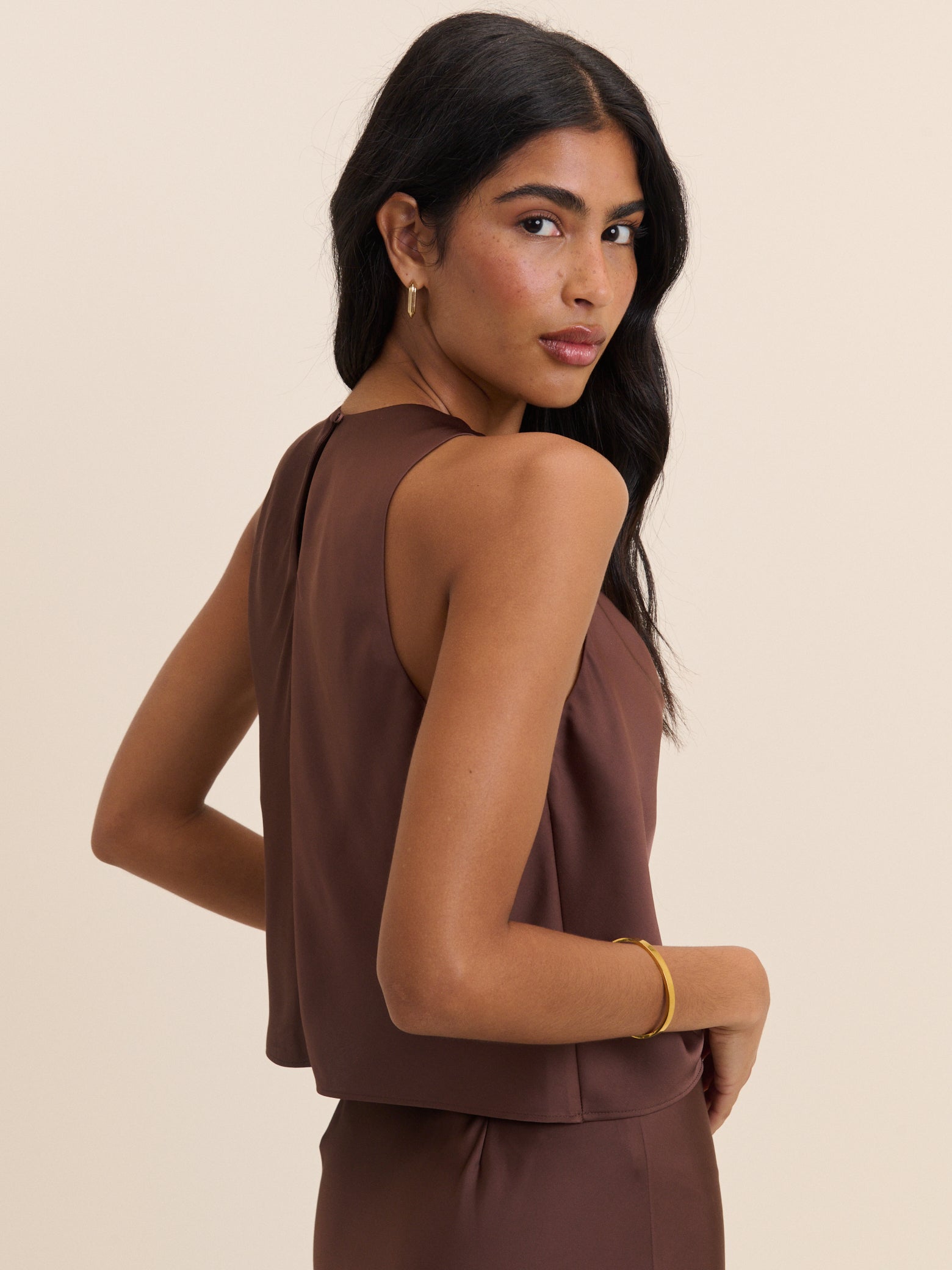 Brown Cowl Neck Satin Top