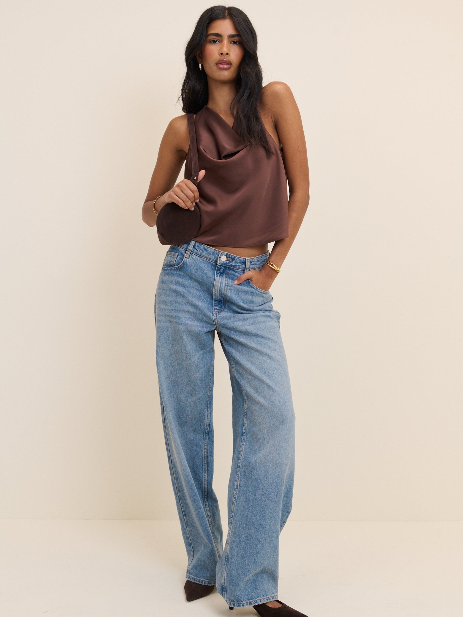 Brown Cowl Neck Satin Top