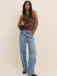 Brown Cowl Neck Satin Top